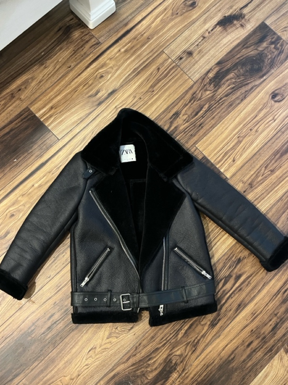 Zara Black Faux Shearling Moto Jacket with Belt